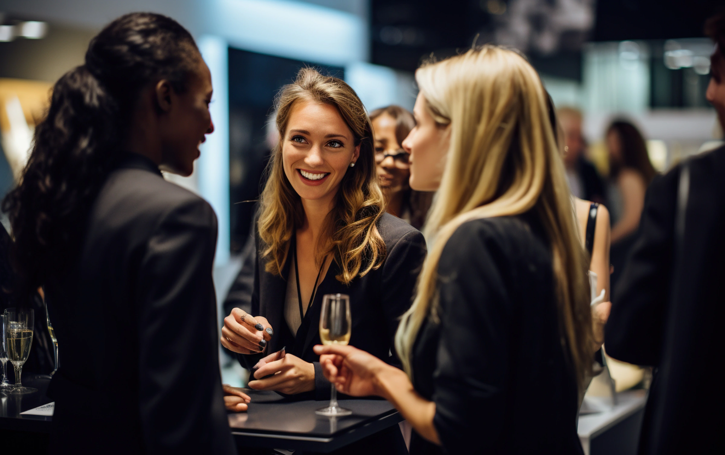 Trois femmes échangent en souriant, une coupe à la main, lors d’un afterwork.