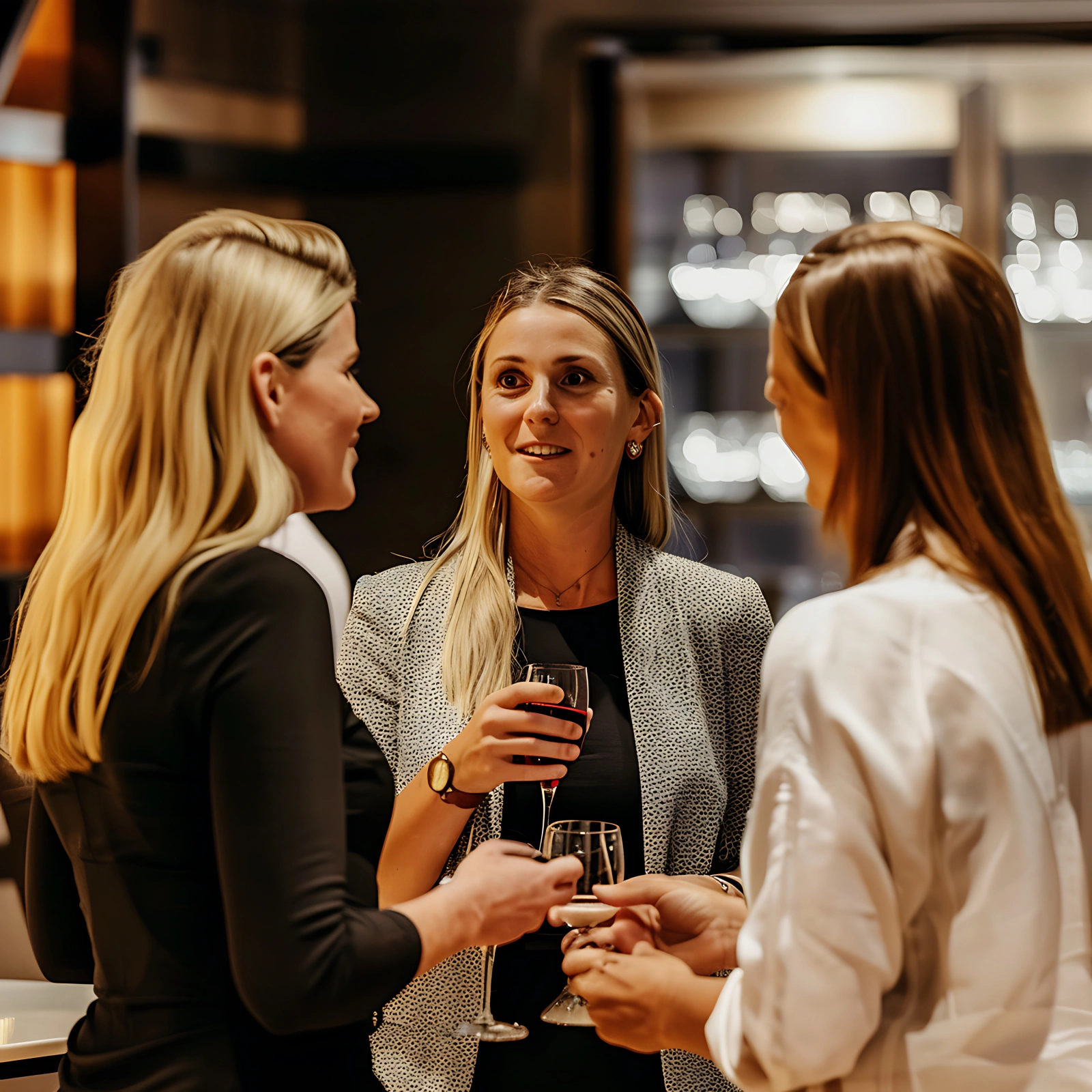 Trois femmes discutent autour d’un verre de vin dans un bar feutré.